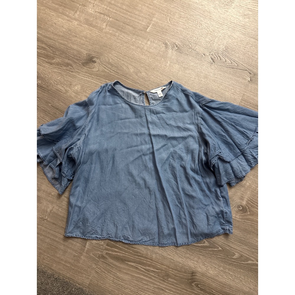 POPSUGAR‎ Chambray Ruffle Sleeve Top Blue Women's Plus XXL Lightweight Lyocell